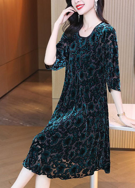 Green O-neck Oversized Print Silk Velour Party Dress Half Sleeve