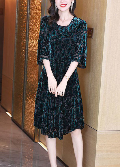 Green O-neck Oversized Print Silk Velour Party Dress Half Sleeve