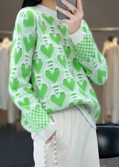 Green O Neck Patchwork Cashmere Knit Top Long Sleeve