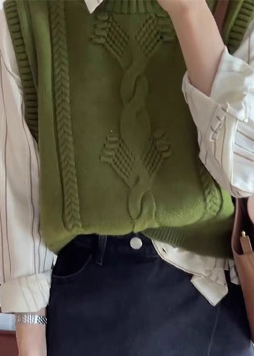 Green O Neck Patchwork Cozy Cotton Knit Waistcoat Sleeveless