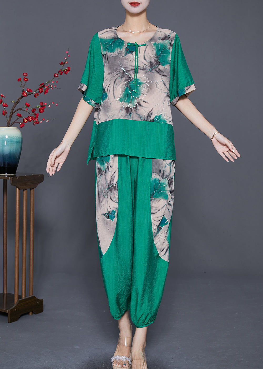 Green O-neck Patchwork Tassel Linen Two Pieces Set Summer
