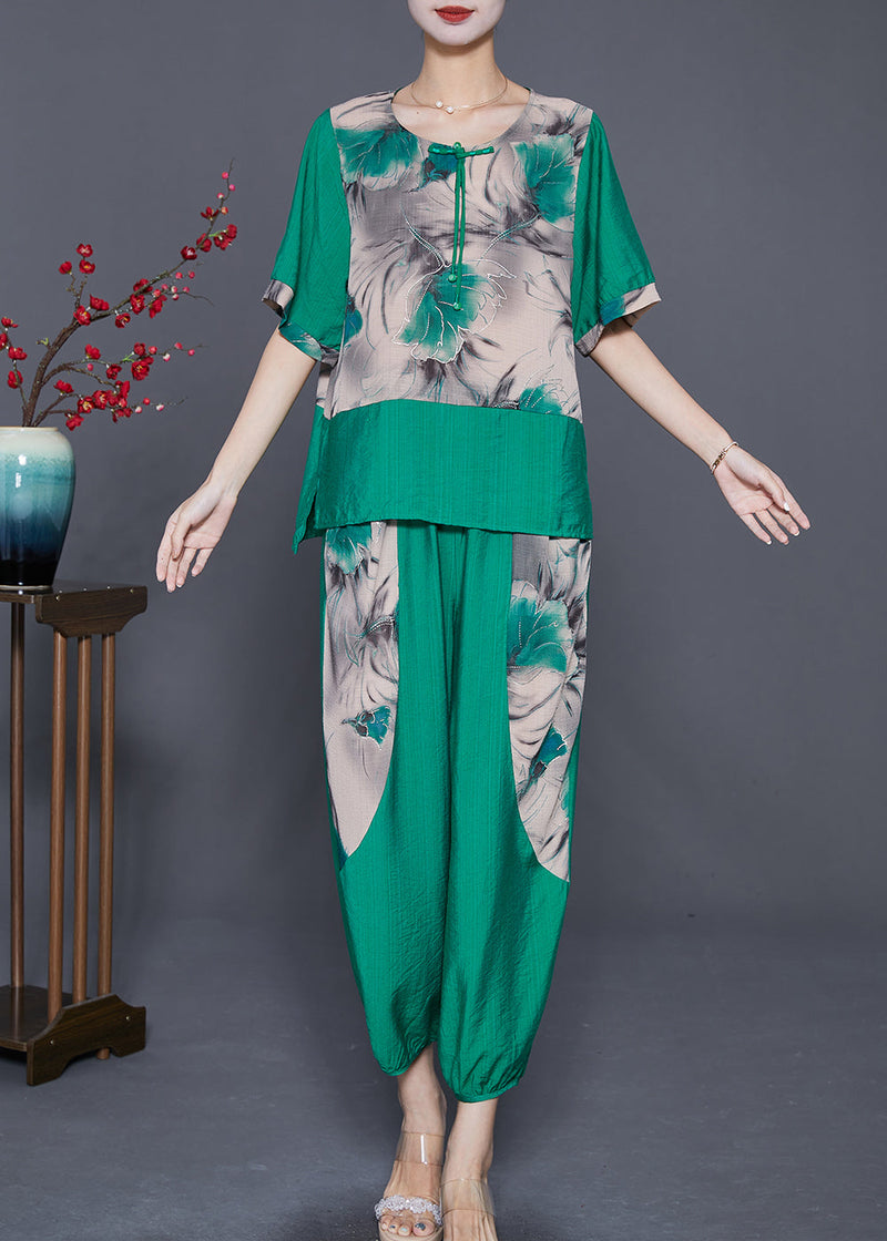 Green O-neck Patchwork Tassel Linen Two Pieces Set Summer