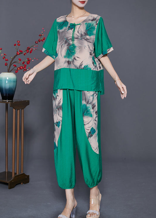 Green O-neck Patchwork Tassel Linen Two Pieces Set Summer