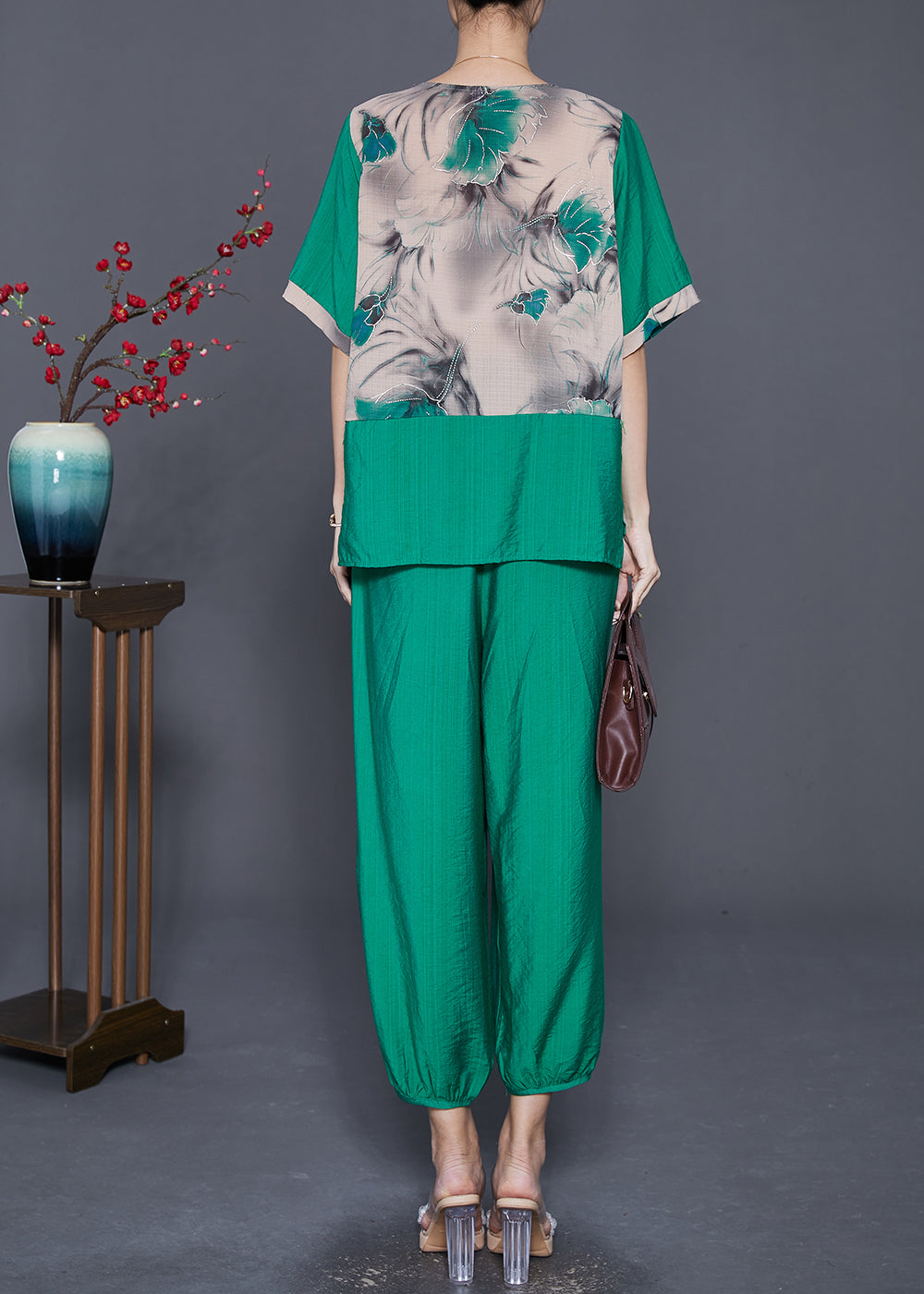 Green O-neck Patchwork Tassel Linen Two Pieces Set Summer