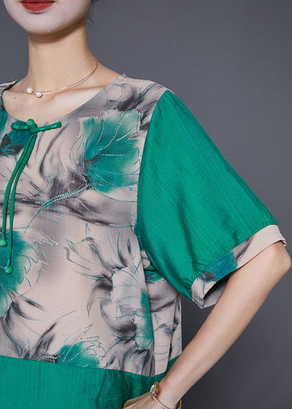 Green O-neck Patchwork Tassel Linen Two Pieces Set Summer