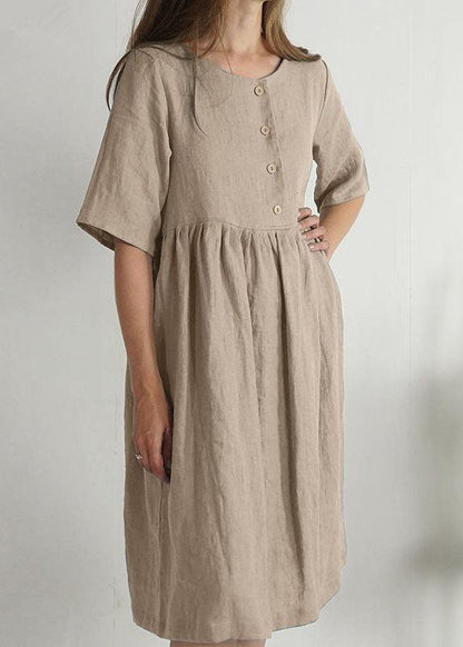 Green O Neck Pockets Wrinkled Patchwork Linen Dress Summer