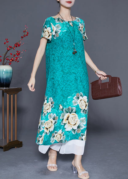 Green O-neck Print Cotton Robe Dresses Summer
