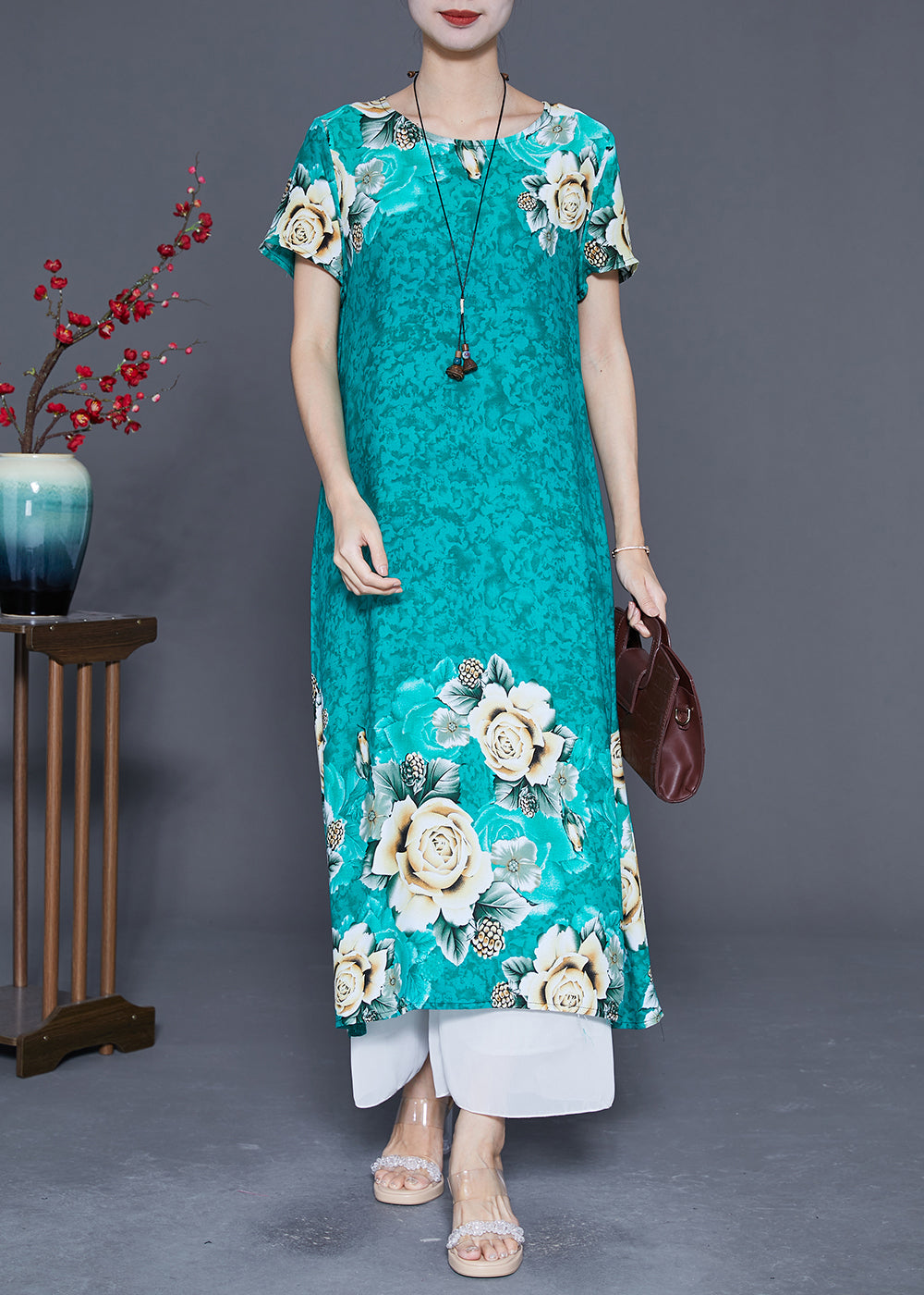 Green O-neck Print Cotton Robe Dresses Summer