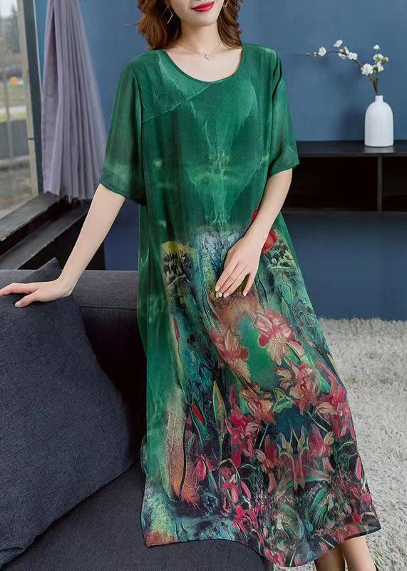 Green O Neck Print Patchwork Chiffon Dress Summer