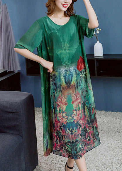 Green O Neck Print Patchwork Chiffon Dress Summer