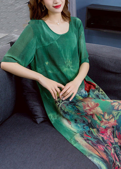 Green O Neck Print Patchwork Chiffon Dress Summer