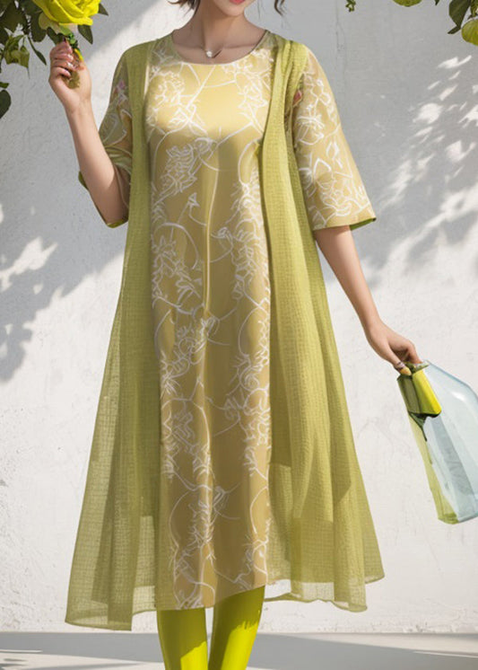 Green O Neck Print Patchwork Silk Dresses Summer