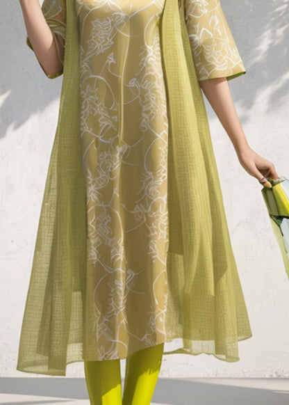 Green O Neck Print Patchwork Silk Dresses Summer