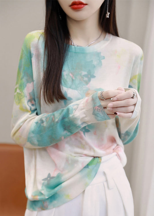 Green O Neck Print Silk Cotton T Shirt Spring