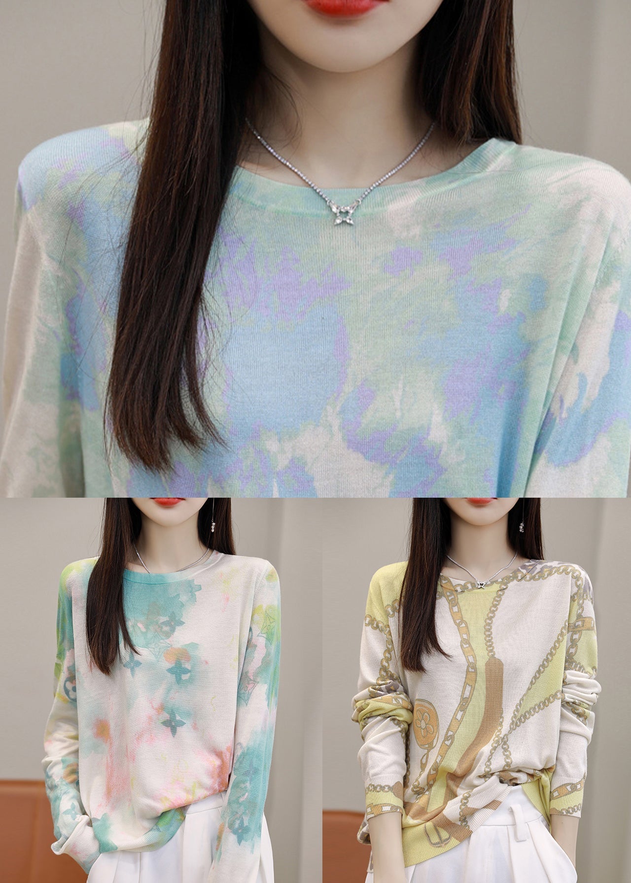 Green O Neck Print Silk Cotton T Shirt Spring