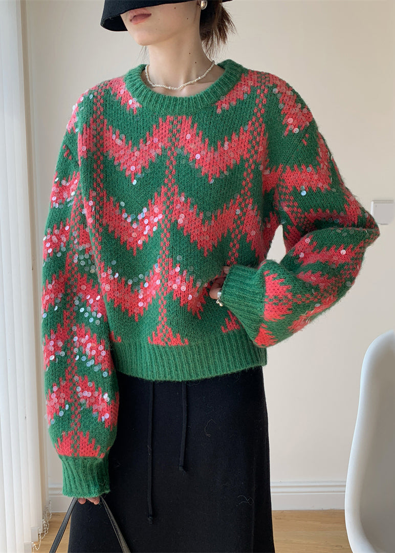 Green O Neck Sequins Patchwork Knit Sweaters Spring