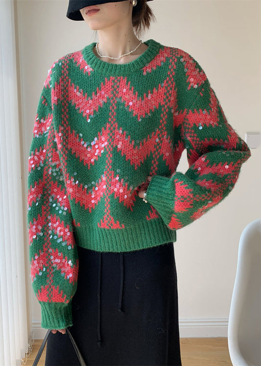 Green O Neck Sequins Patchwork Knit Sweaters Spring