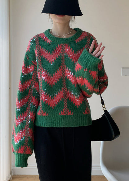 Green O Neck Sequins Patchwork Knit Sweaters Spring