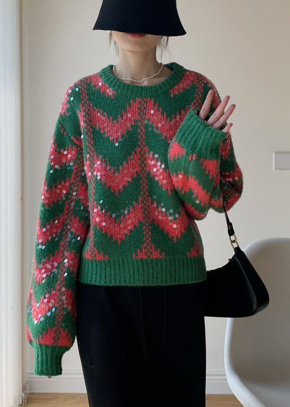 Green O Neck Sequins Patchwork Knit Sweaters Spring