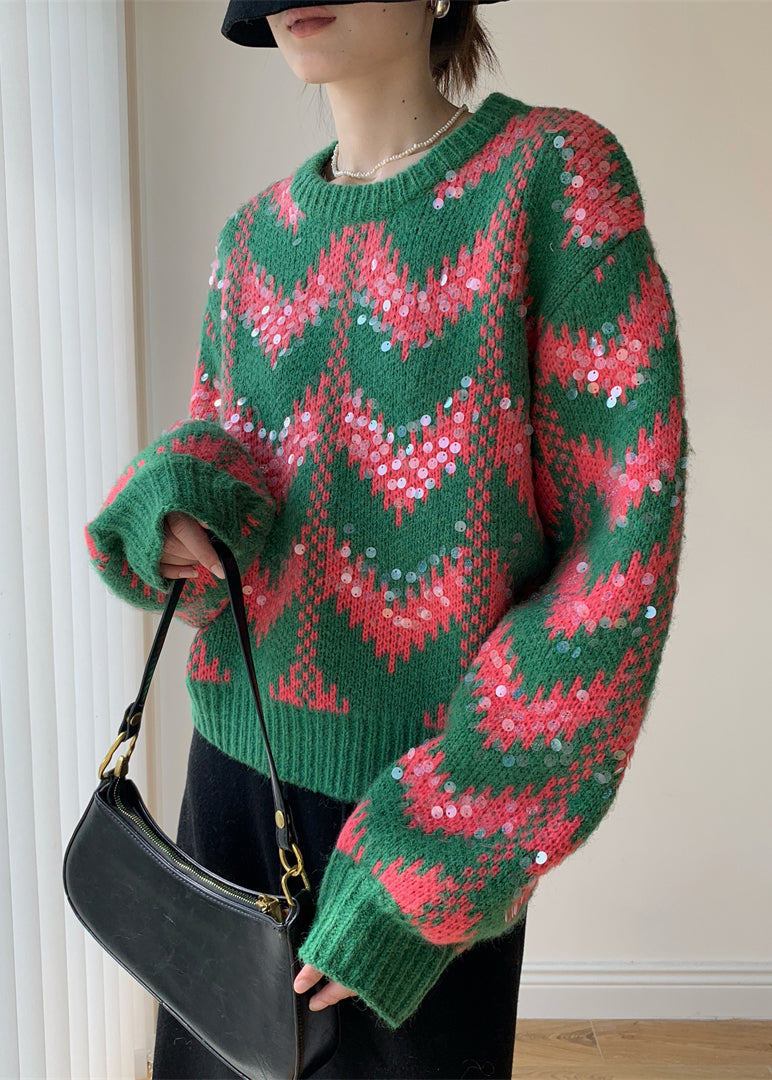 Green O Neck Sequins Patchwork Knit Sweaters Spring