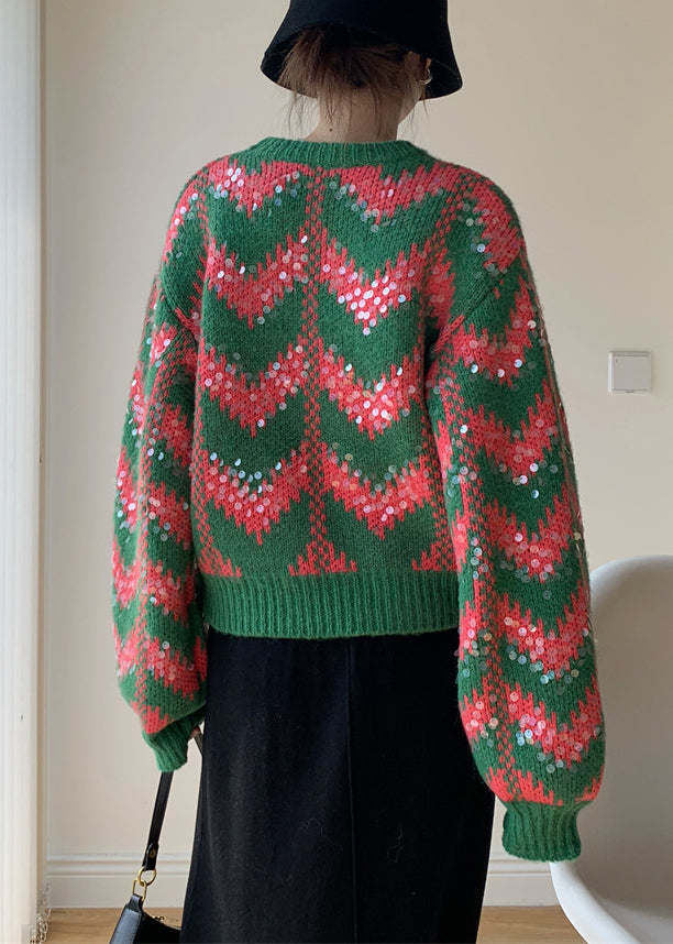Green O Neck Sequins Patchwork Knit Sweaters Spring