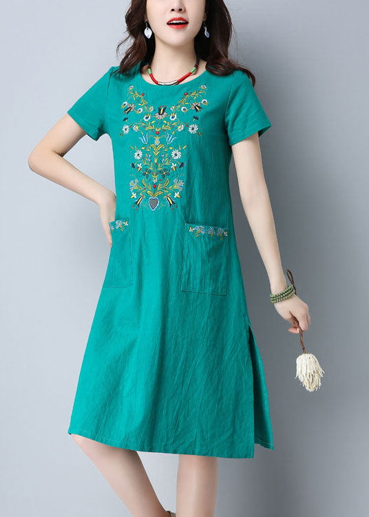 Green O-neck Side Open Embroideried Pockets Cotton Dresses Short Sleeve