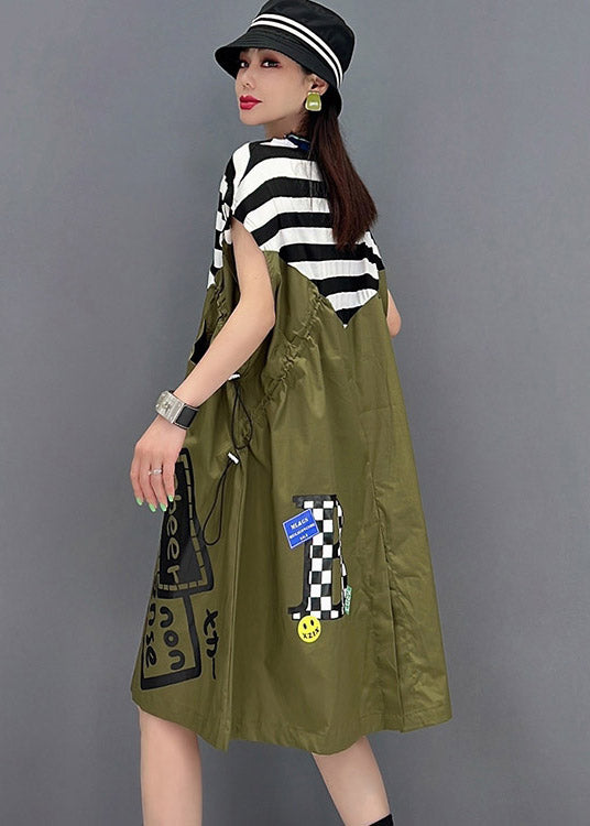 Green O-neck Striped Patchwork Print Pockets Dresses Short Sleeve