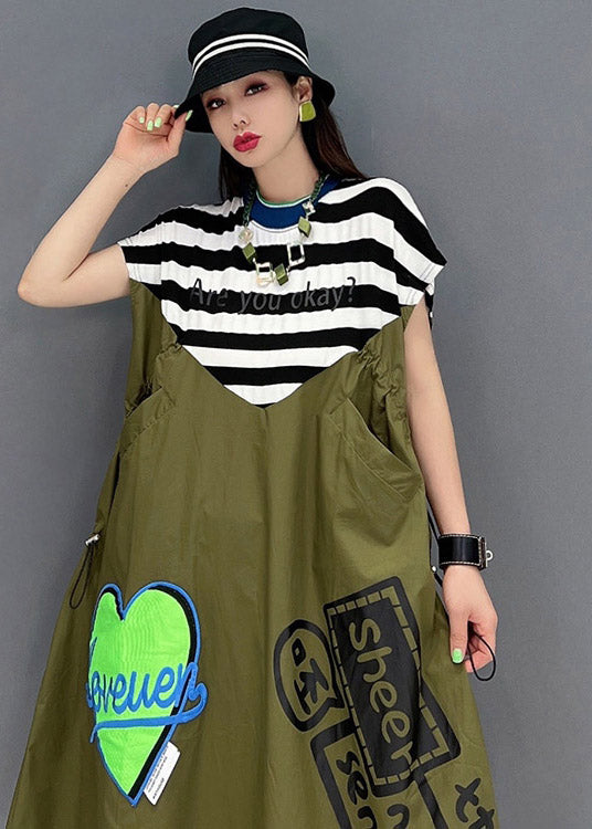 Green O-neck Striped Patchwork Print Pockets Dresses Short Sleeve
