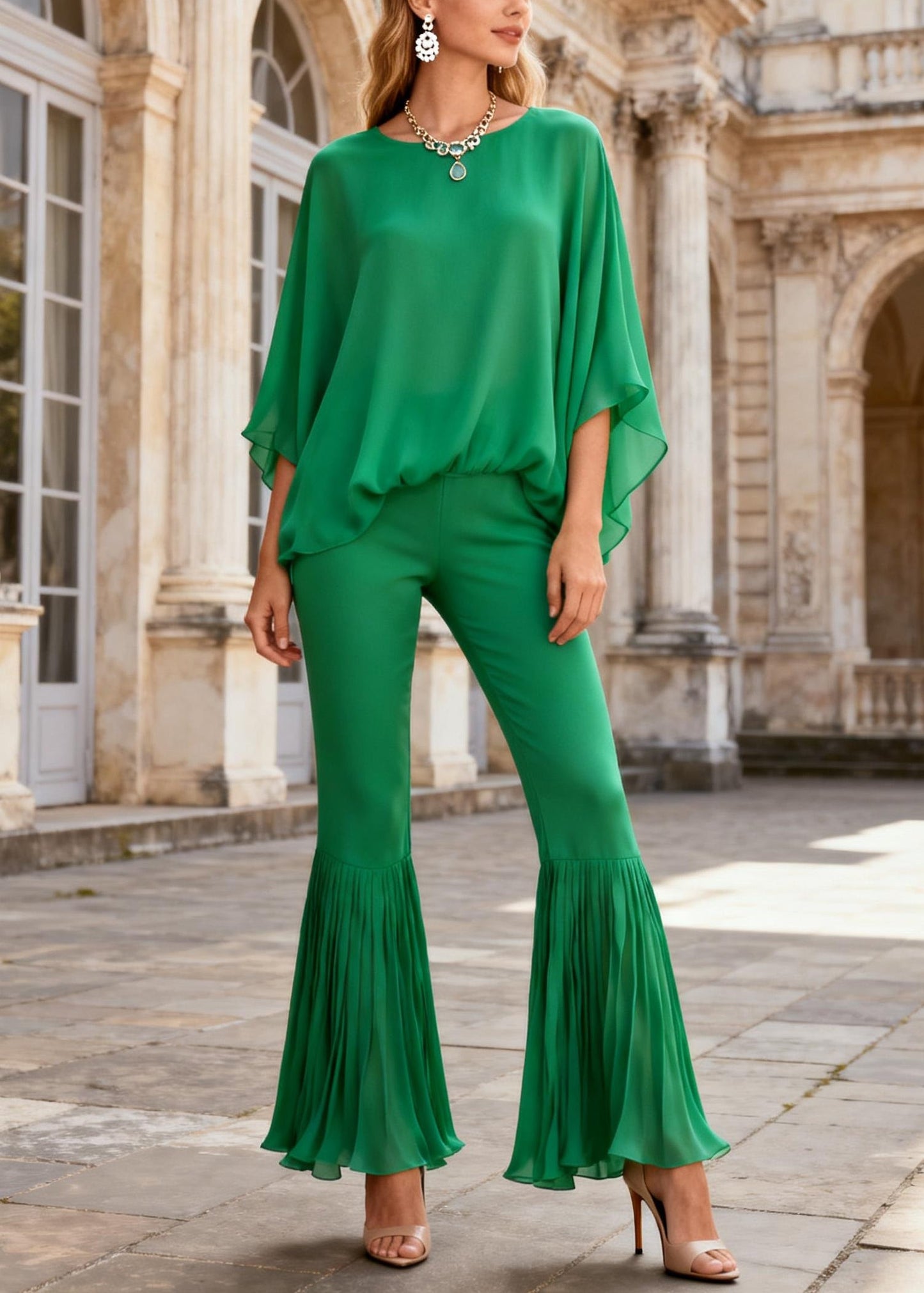 Green O Neck Tops and Wrinkled Flare Bottoms Cotton Two Pieces Set Batwing Sleeve