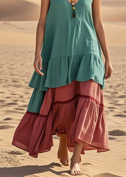 Green Oversized Patchwork Cotton Ankle Dress Summer