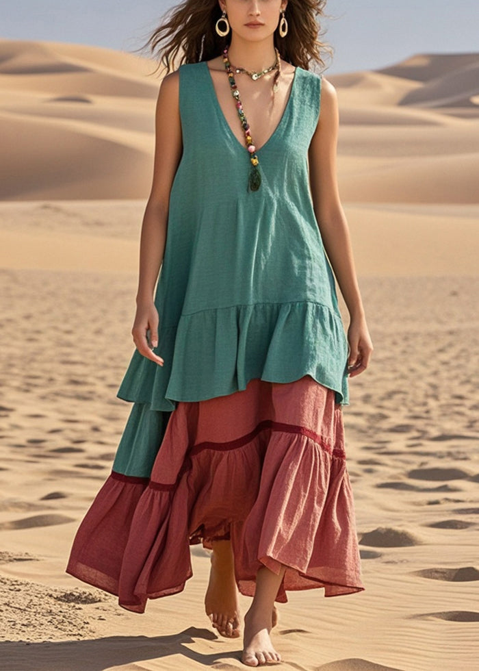 Green Oversized Patchwork Cotton Ankle Dress Summer