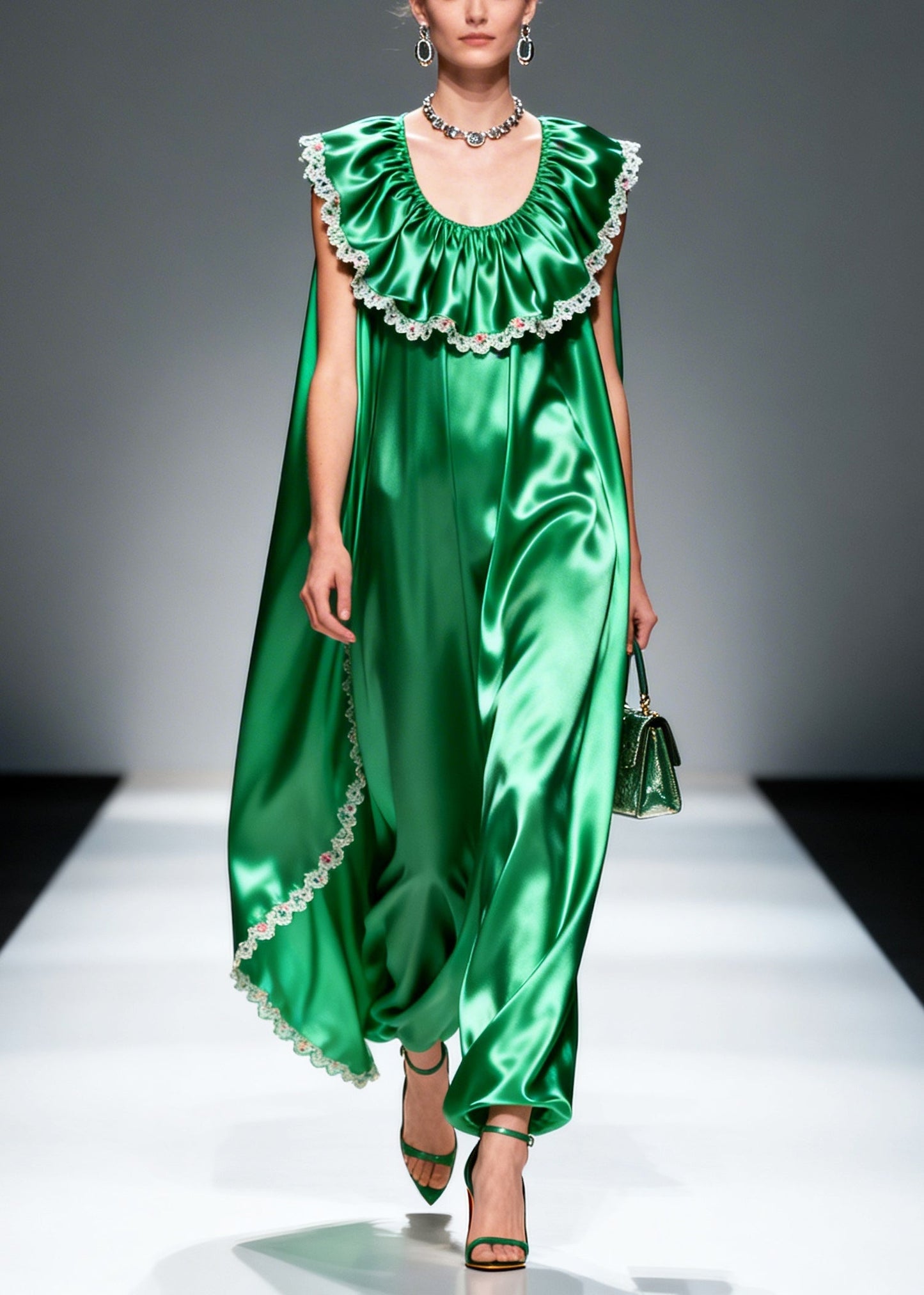 Green Oversized Patchwork Flower Lace Silk Maxi Dresses Sleeveless