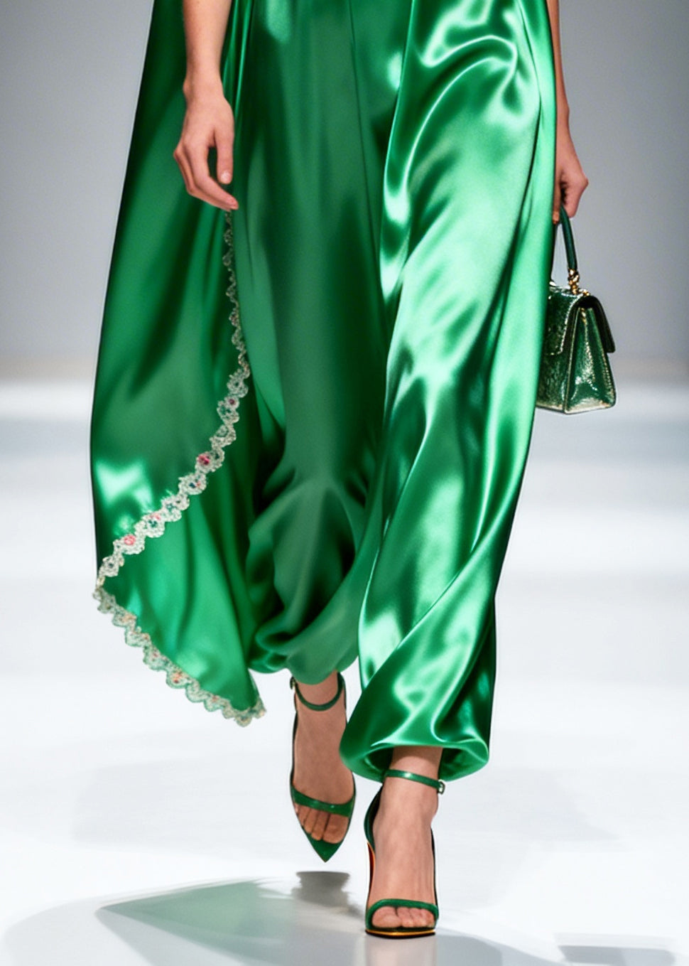 Green Oversized Patchwork Flower Lace Silk Maxi Dresses Sleeveless