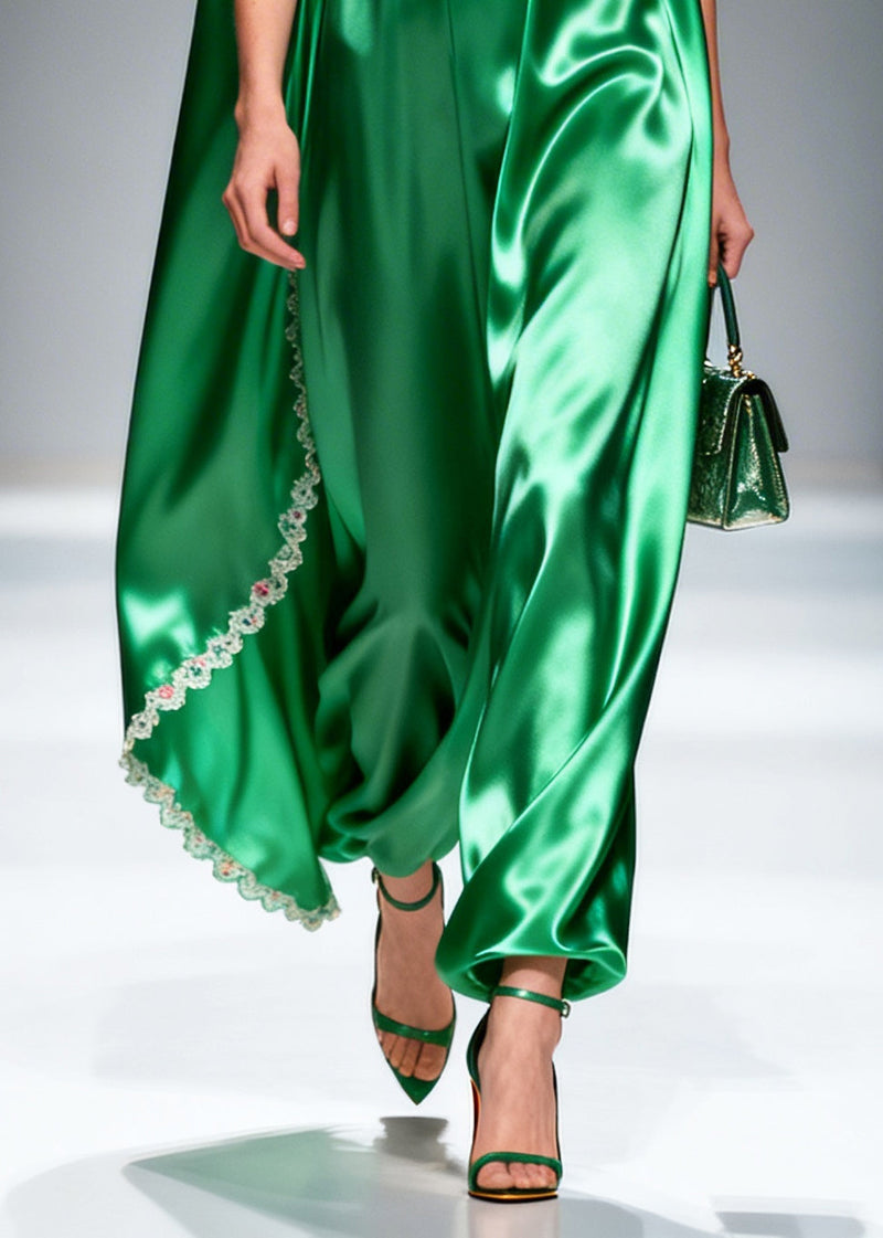 Green Oversized Patchwork Flower Lace Silk Maxi Dresses Sleeveless