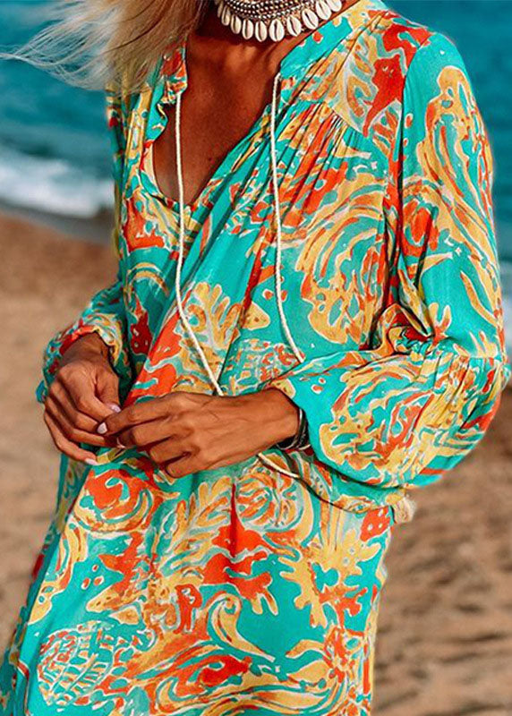 Green Oversized Print Cotton Loose Beach Dresses Long Sleeve