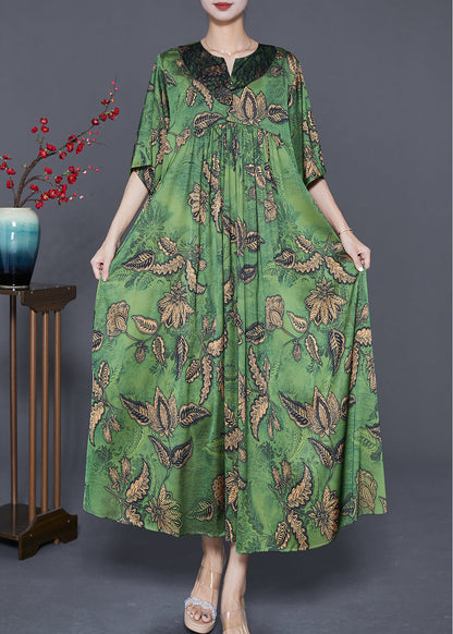Green Oversized Print Exra Large Hem Silk Ankle Dress Summer