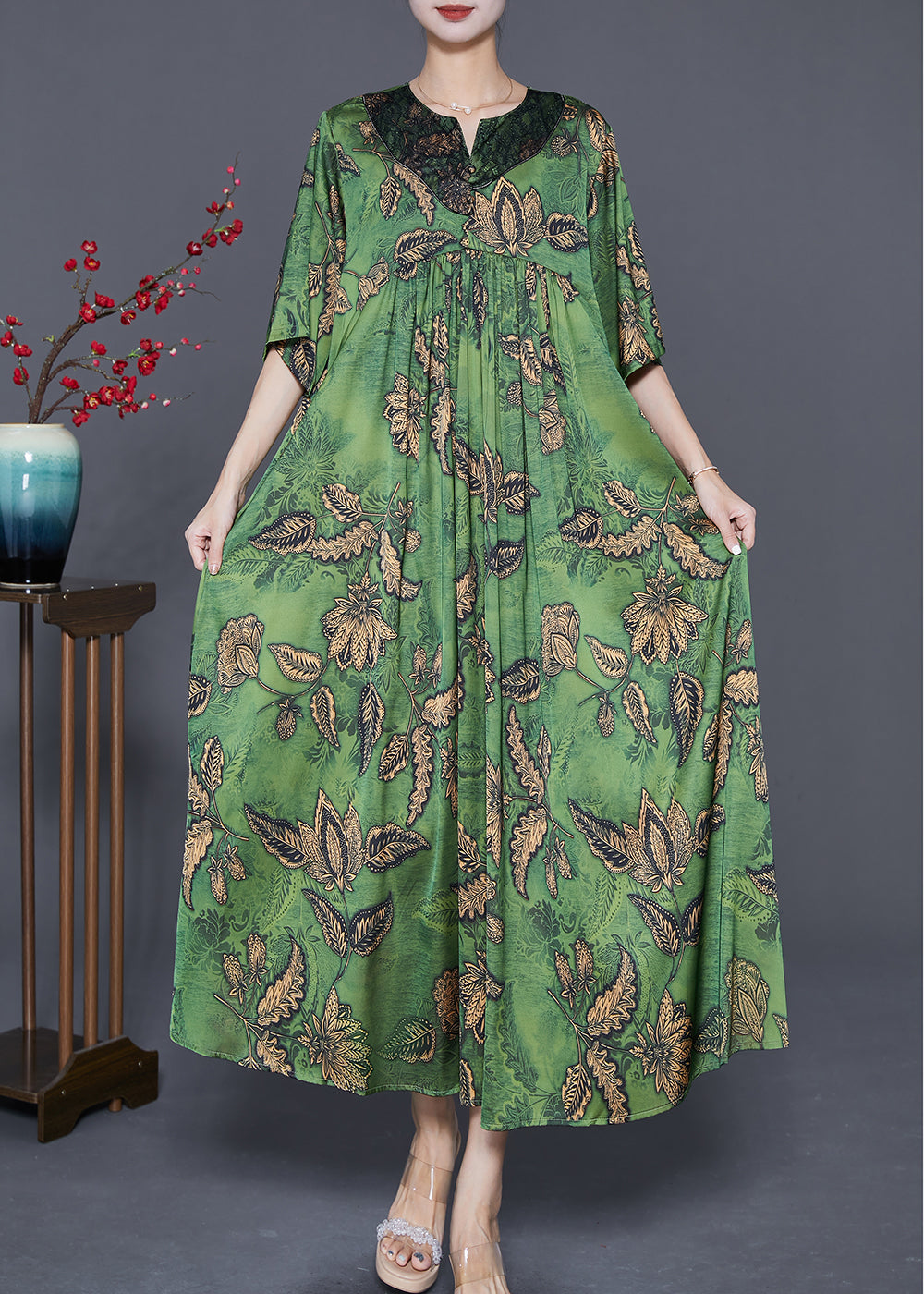 Green Oversized Print Exra Large Hem Silk Ankle Dress Summer
