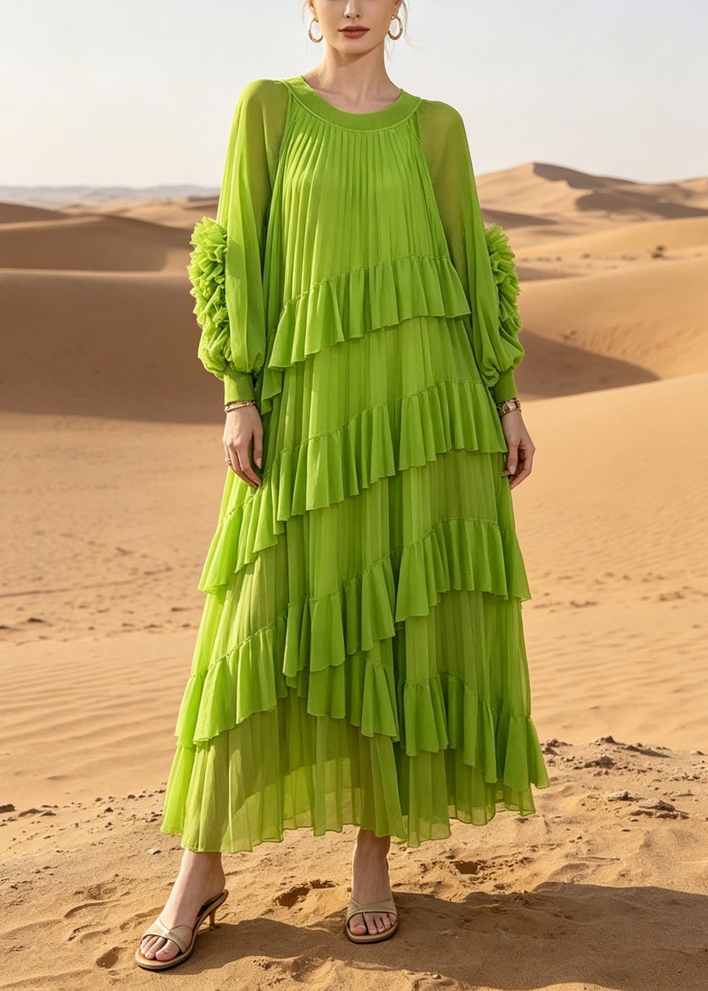 Green Oversized Ruffles Chiffon Vacation Dress Summer