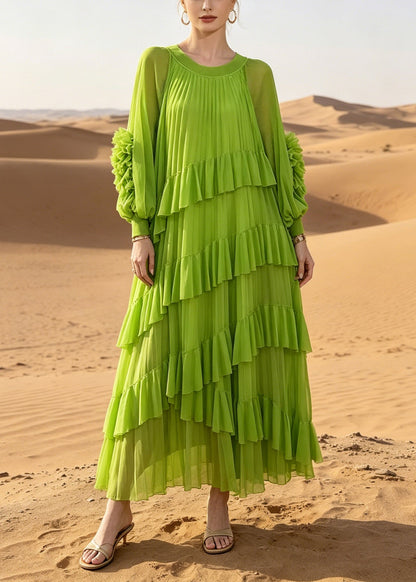 Green Oversized Ruffles Chiffon Vacation Dress Summer