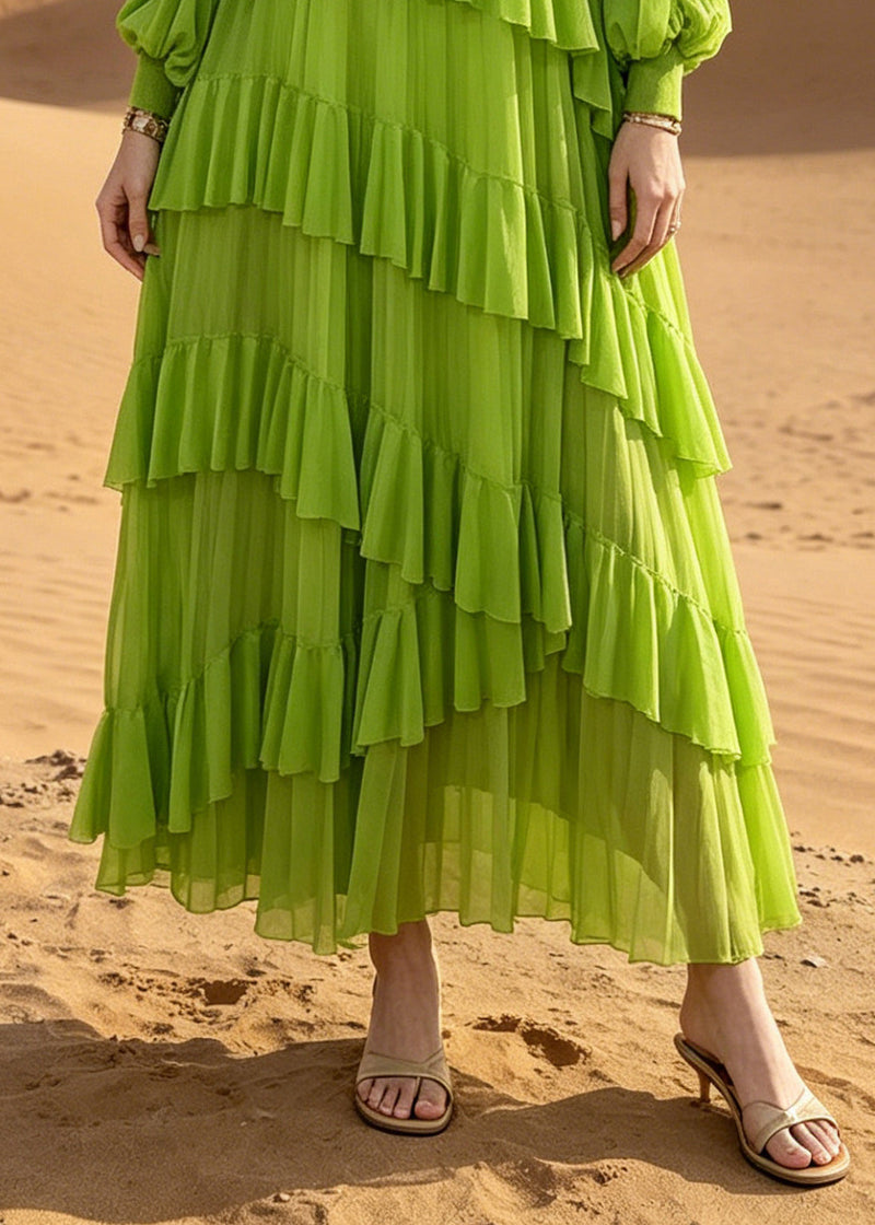 Green Oversized Ruffles Chiffon Vacation Dress Summer