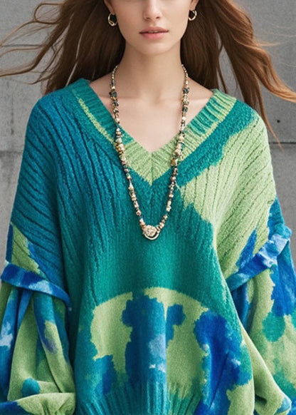 Green Oversized Tie Dye Knitted Tops Lantern Sleeve