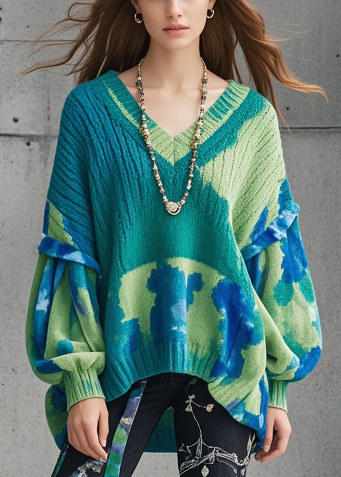 Green Oversized Tie Dye Knitted Tops Lantern Sleeve