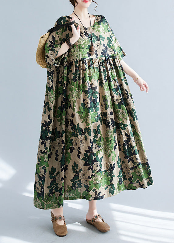 Green Patchwork Print Cotton Maxi Dress Short Sleeve