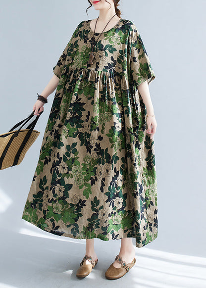 Green Patchwork Print Cotton Maxi Dress Short Sleeve