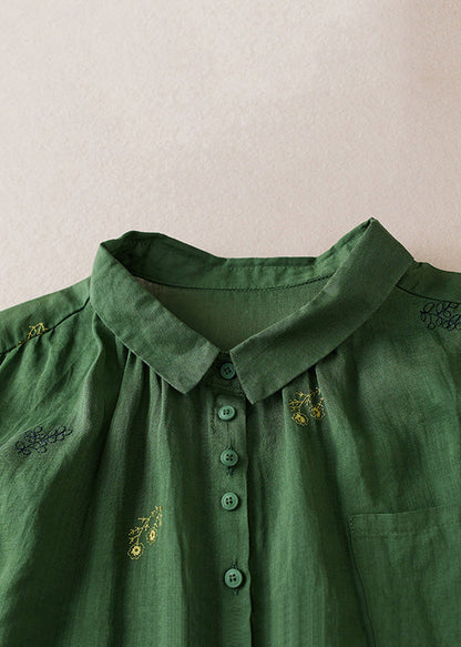 Green Peter Pan Collar Embroideried Patchwork Cotton Shirts Top Summer