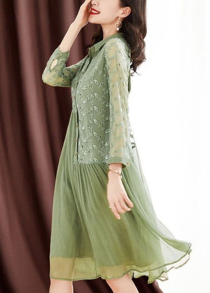 Green Peter Pan Collar Embroideried Patchwork Wrinkled Silk Long Dresses Long Sleeve