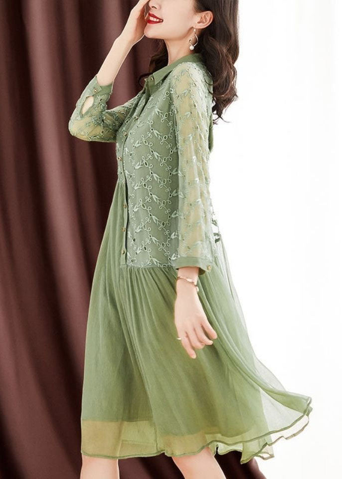 Green Peter Pan Collar Embroideried Patchwork Wrinkled Silk Long Dresses Long Sleeve