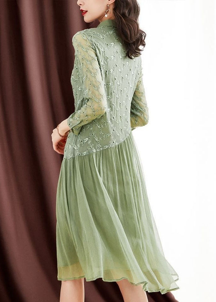 Green Peter Pan Collar Embroideried Patchwork Wrinkled Silk Long Dresses Long Sleeve