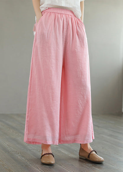 Green Pockets Elastic Waist Linen Wide Leg Pants Summer