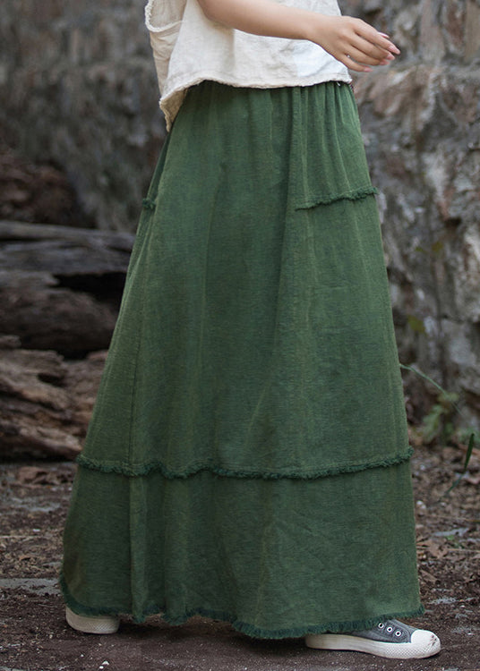 Green Pockets Raw Edge Patchwork Linen Skirt Spring